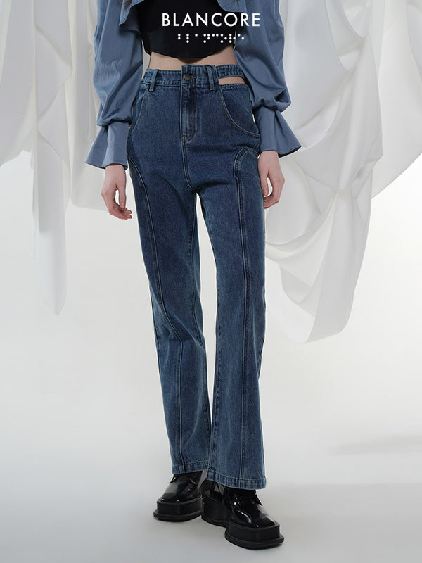 Hollow-out flared jeans