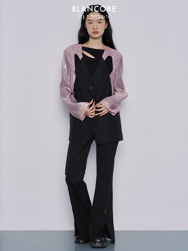 Mesh paneled Color block hollow-out coat