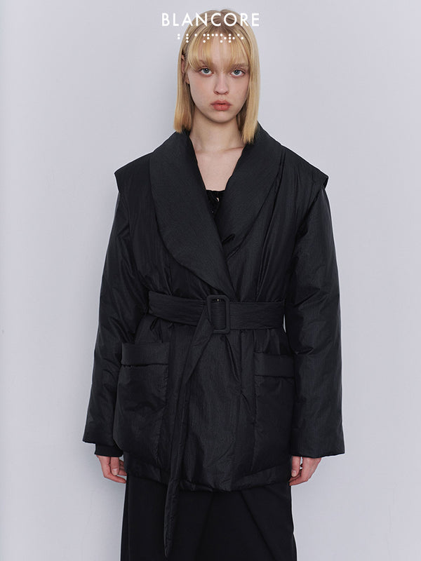 belt down jacket with detachable sleeve