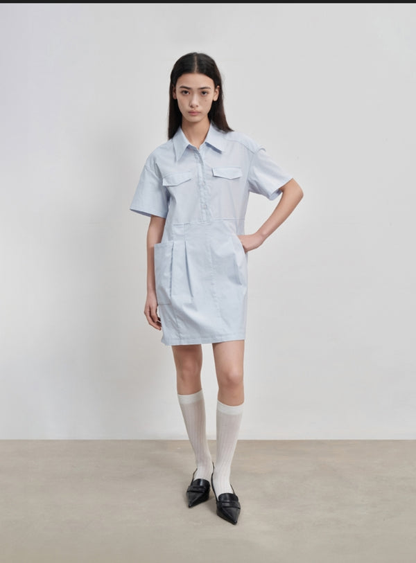 Loose-fit pleated cargo shirt dress