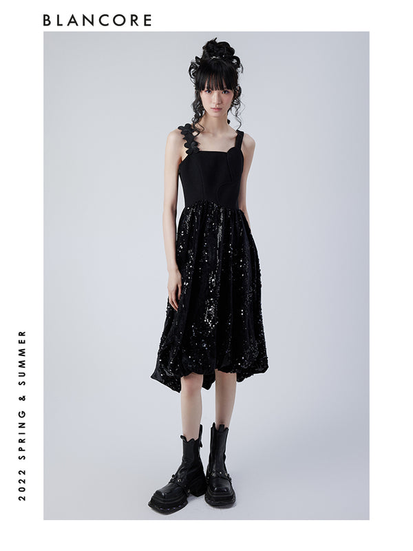 Black Slip Sequin Midi Dress