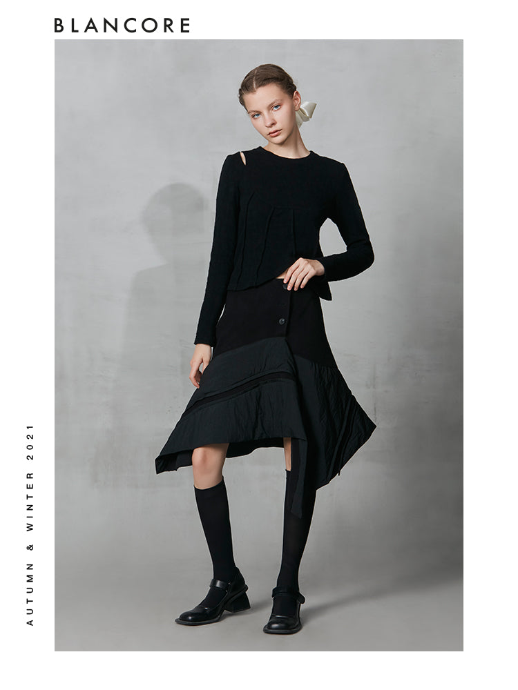 Asymmetrical Curved Double-Sided Wool & Down Skirt