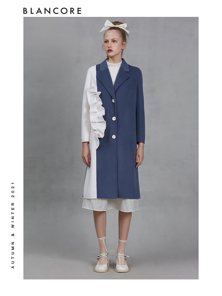 Vintage Blue And White Color Block Wool Coat With Ruffle Detail