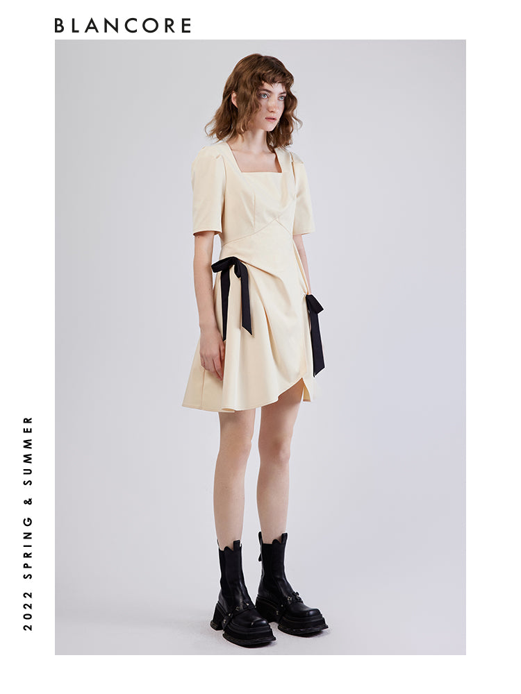 Deconstructed Dress With Color Block Shoulder Bow