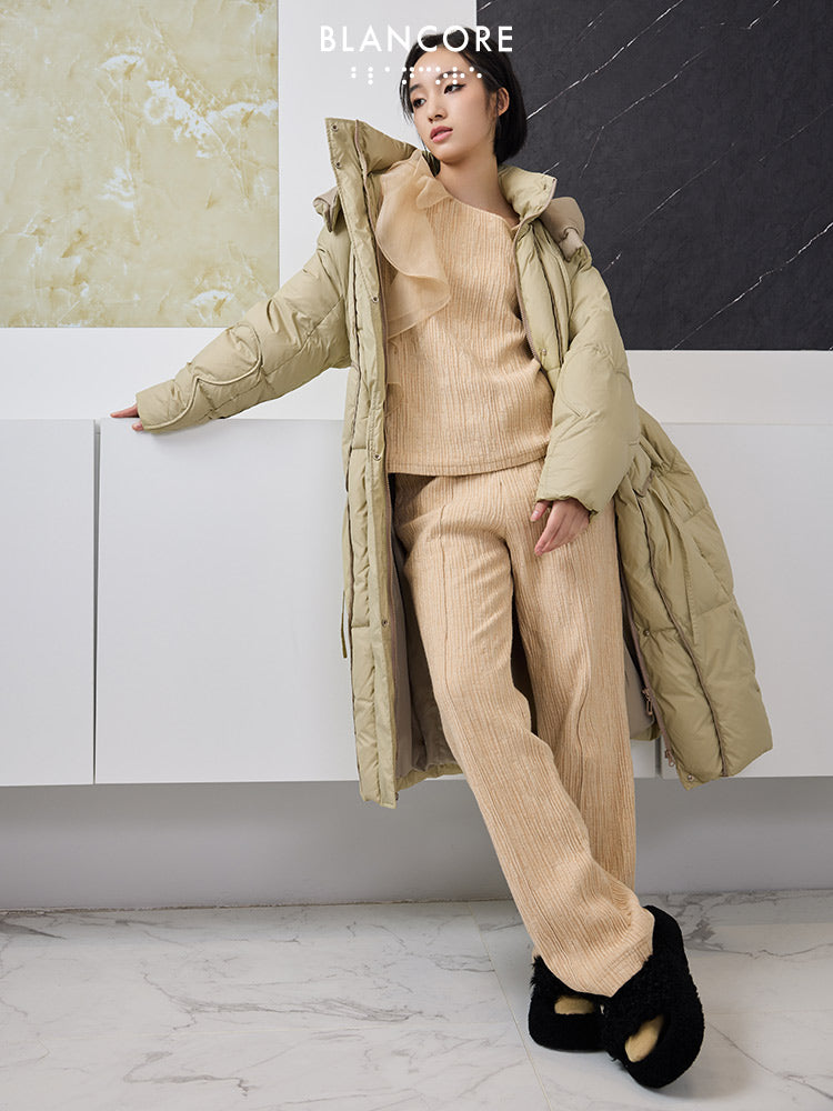 Oversized Long Down Jacket With Diagonal Placket Detail