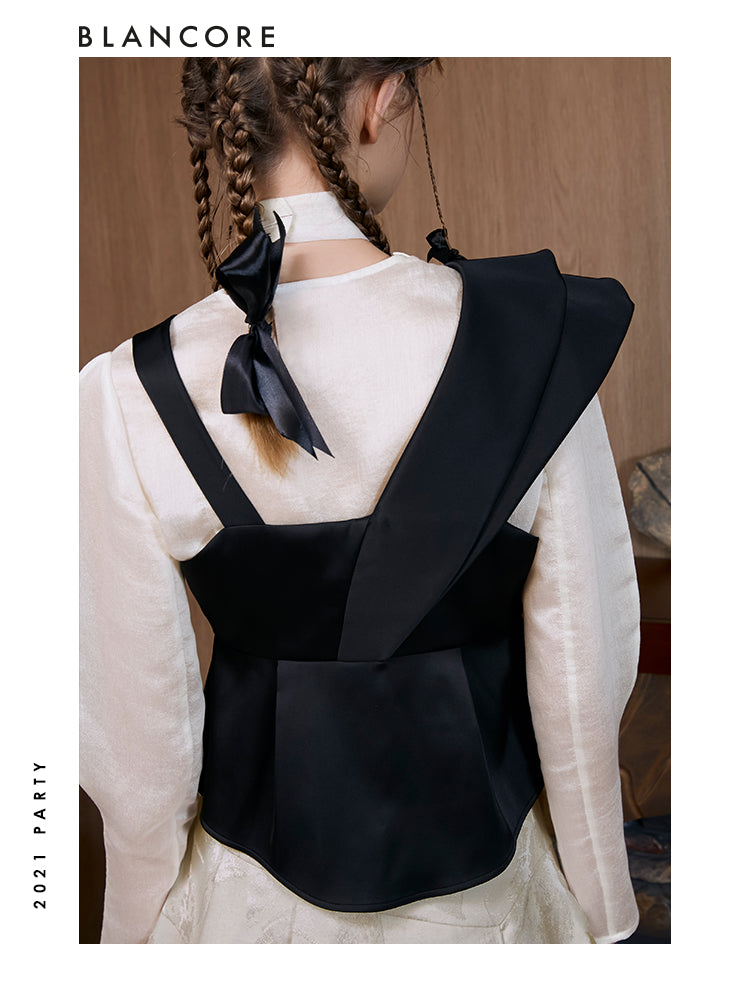 Puff Sleeve Top With Asymmetrical Silk Vest (2-piece)