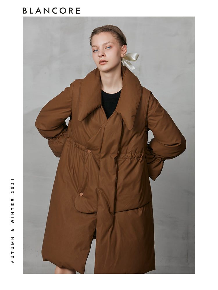 Asymmetrical Leather Down Puffer With Sleeve Detail