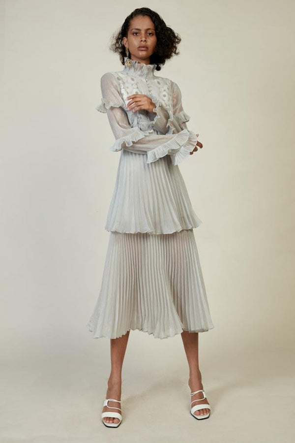 Pleated Stand Collar Dress - BLANCORE