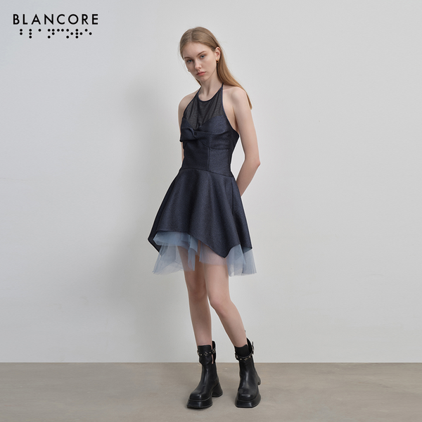 mesh paneled halter tutu dress