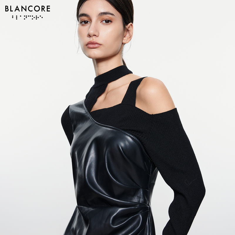 knit paneled faux leather dress