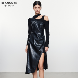 knit paneled faux leather dress