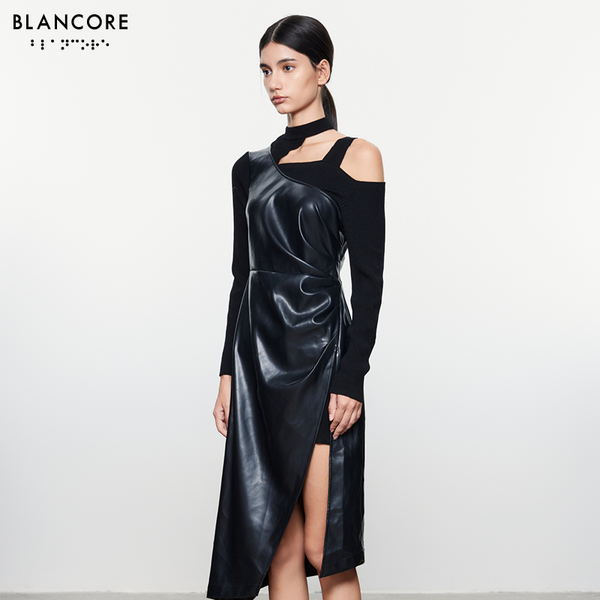 knit paneled faux leather dress