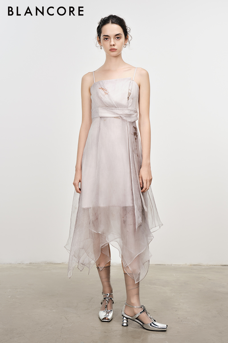printed sheer dress with detachable sleeve