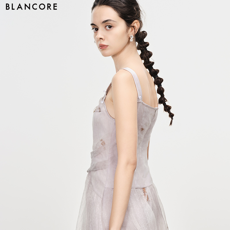 printed sheer dress with detachable sleeve