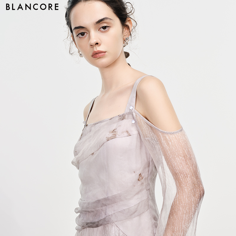 printed sheer dress with detachable sleeve
