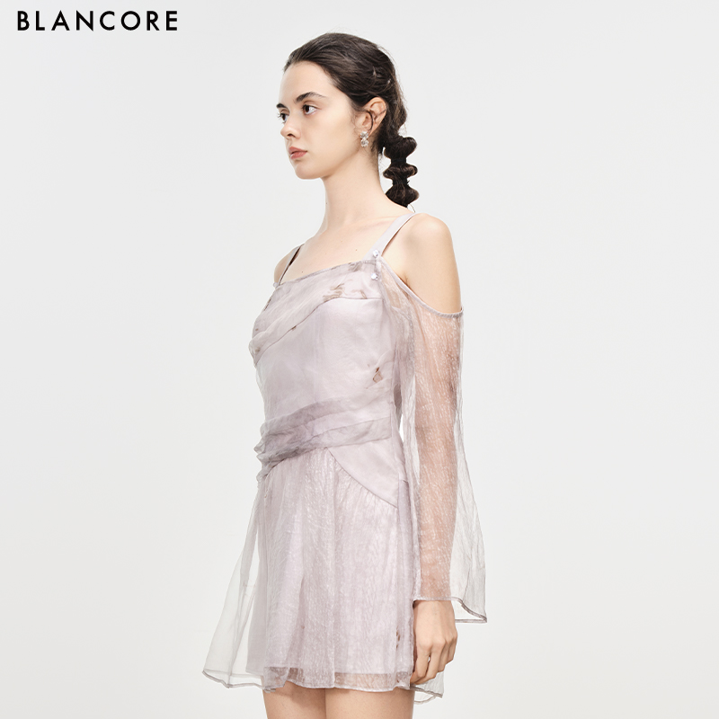 printed sheer dress with detachable sleeve