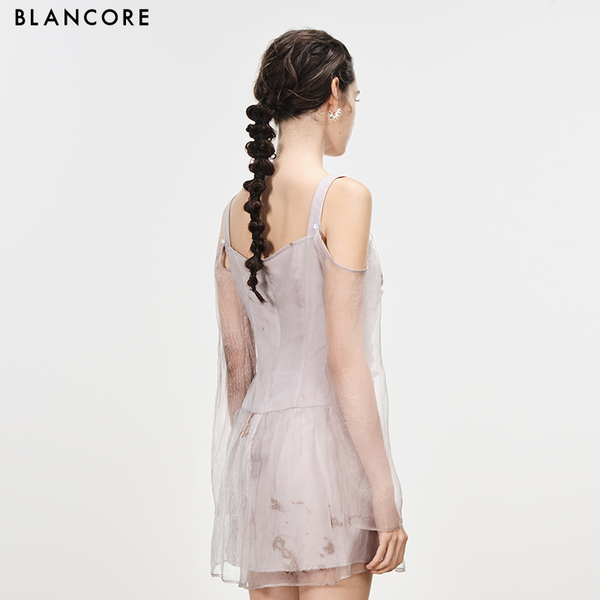 printed sheer dress with detachable sleeve