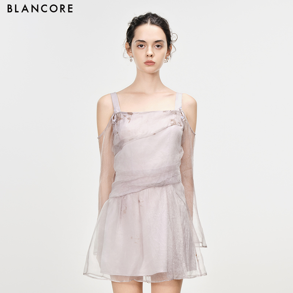 printed sheer dress with detachable sleeve