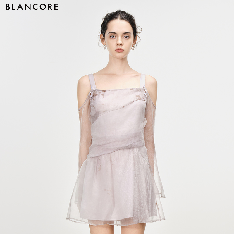 printed sheer dress with detachable sleeve