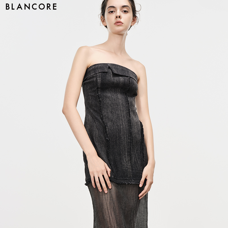 mesh paneled denim dress