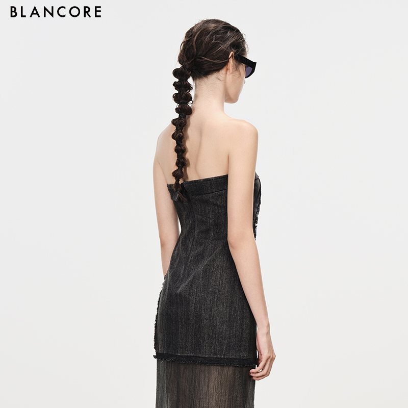 mesh paneled denim dress