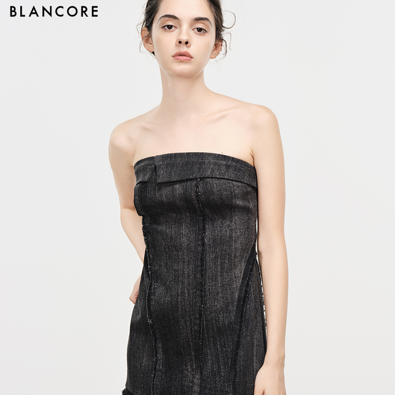 mesh paneled denim dress