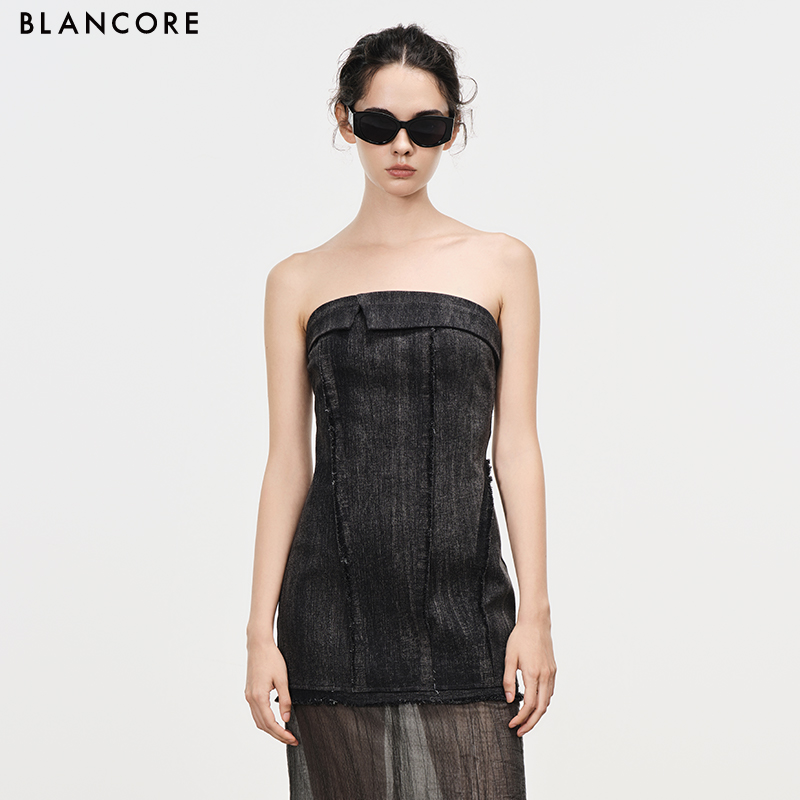 mesh paneled denim dress