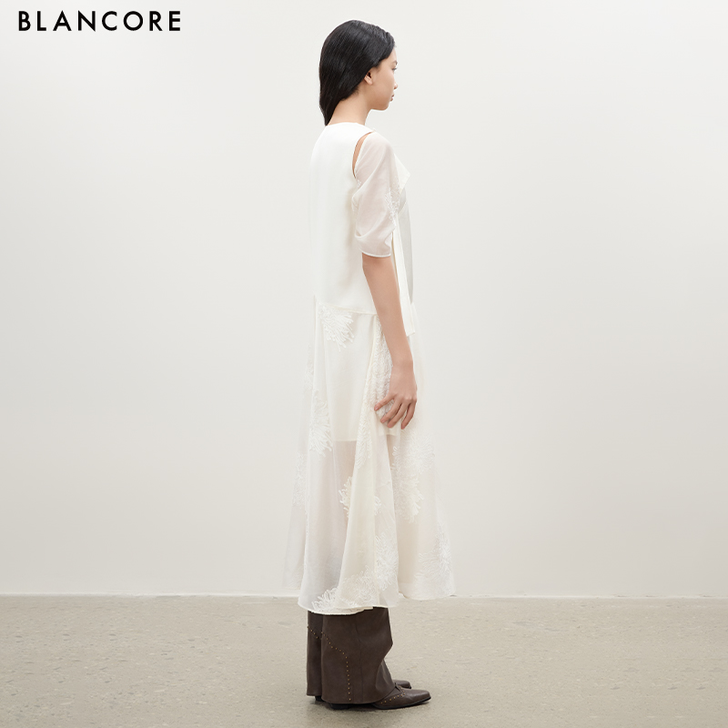 Ribbon Embroidered Dress with Detachable Sleeves