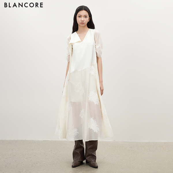 Ribbon Embroidered Dress with Detachable Sleeves