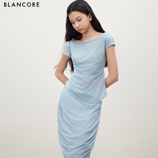 Ruched Mesh Cut-Out Midi Skirt