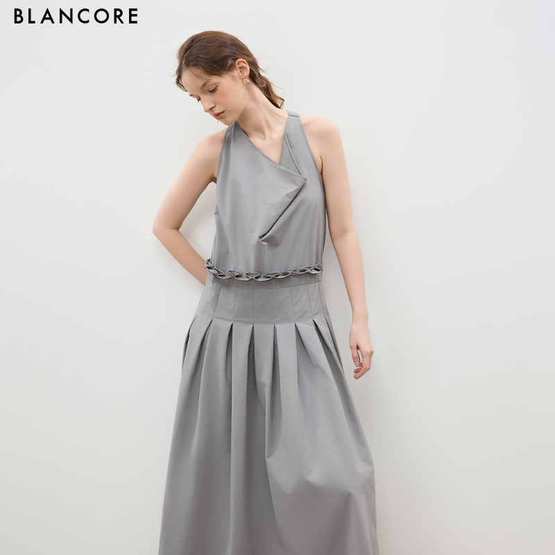 Draped Pleated Dress with Cowl Neck
