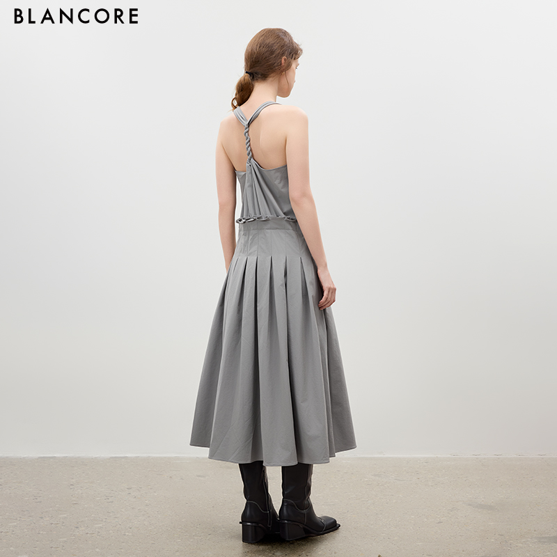 Draped Pleated Dress with Cowl Neck