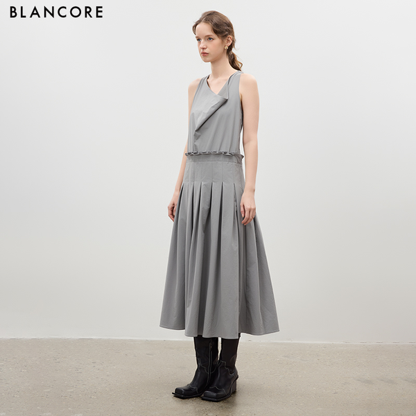 Draped Pleated Dress with Cowl Neck