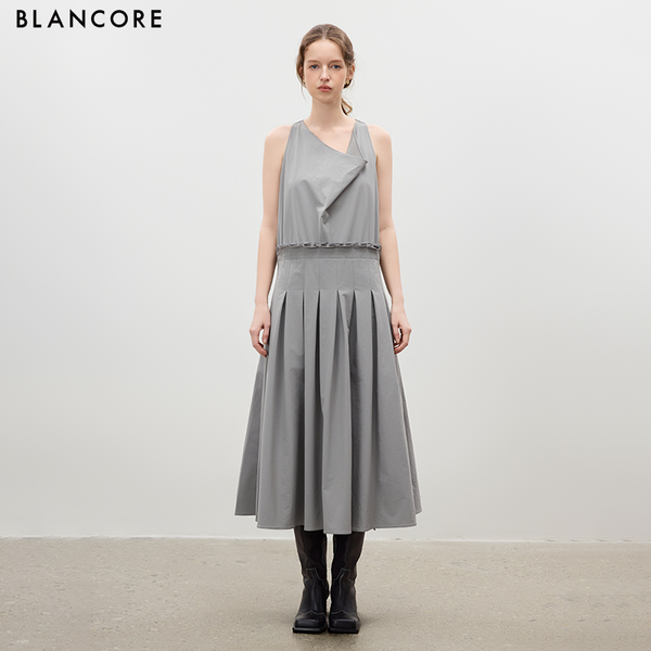 Draped Pleated Dress with Cowl Neck