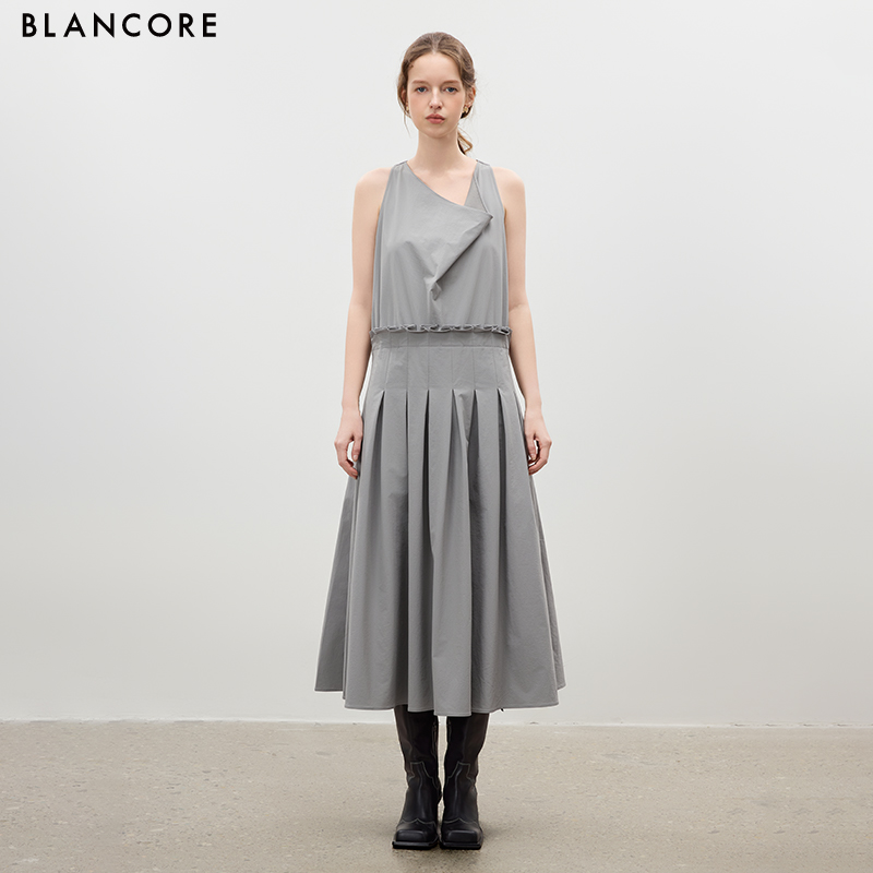 Draped Pleated Dress with Cowl Neck