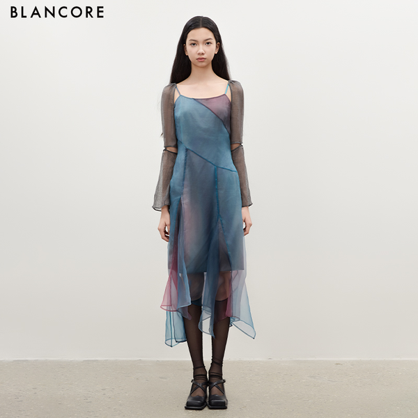 Printed Dress with Mesh Panels