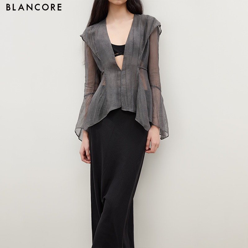 Asymmetric Hem Cinched Waist Sheer Jacket