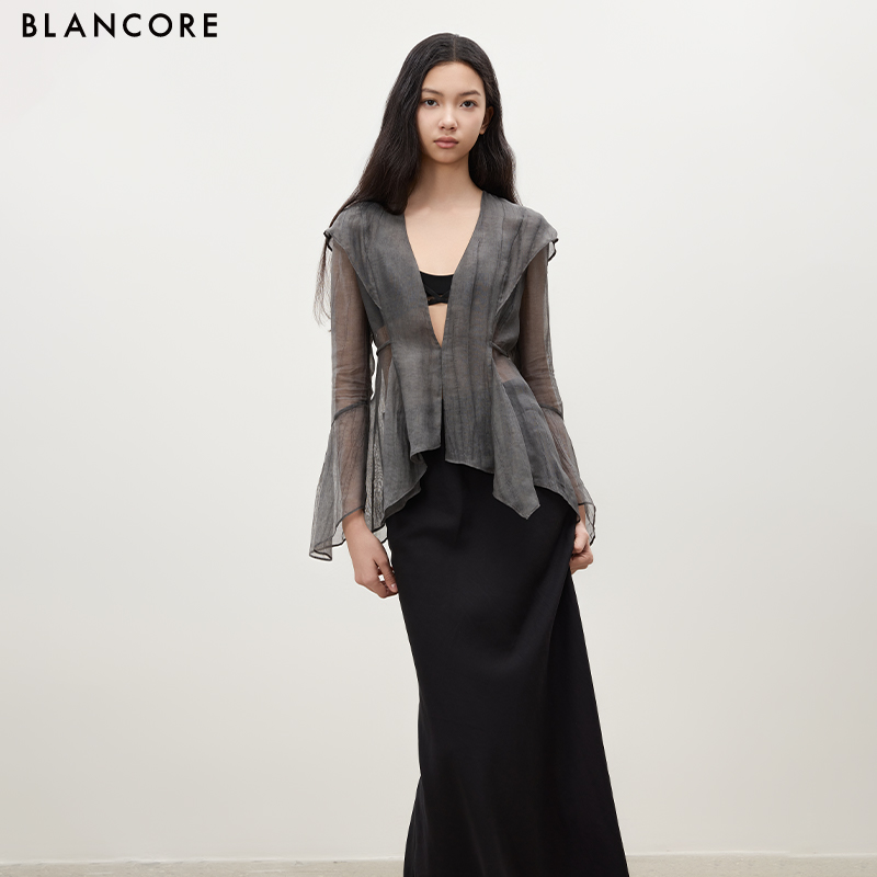 Asymmetric Hem Cinched Waist Sheer Jacket