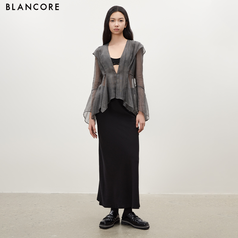 Asymmetric Hem Cinched Waist Sheer Jacket