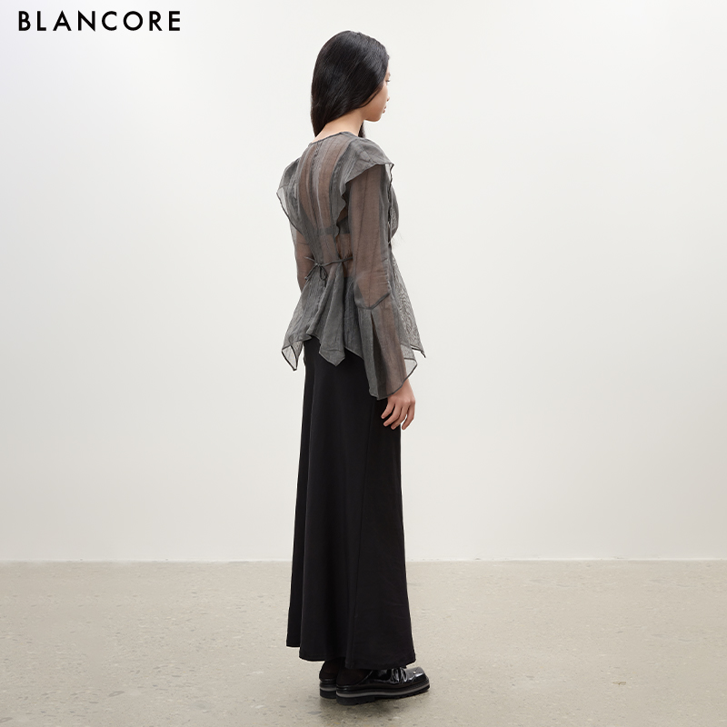 Asymmetric Hem Cinched Waist Sheer Jacket