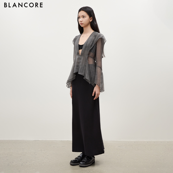 Asymmetric Hem Cinched Waist Sheer Jacket