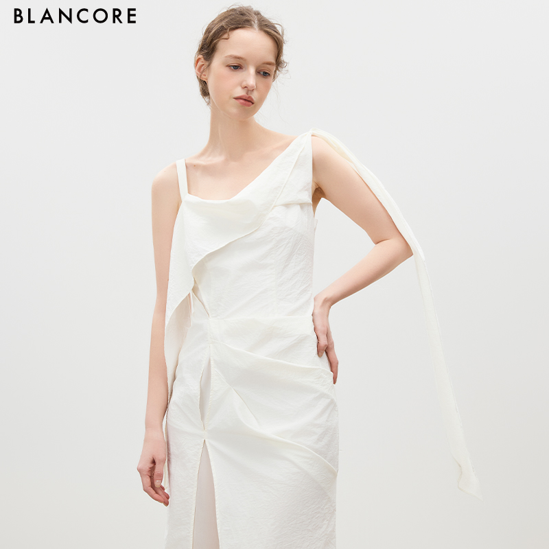 Ribbon Tie High-Slit Spaghetti Strap Dress