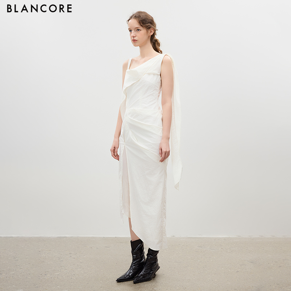 Ribbon Tie High-Slit Spaghetti Strap Dress