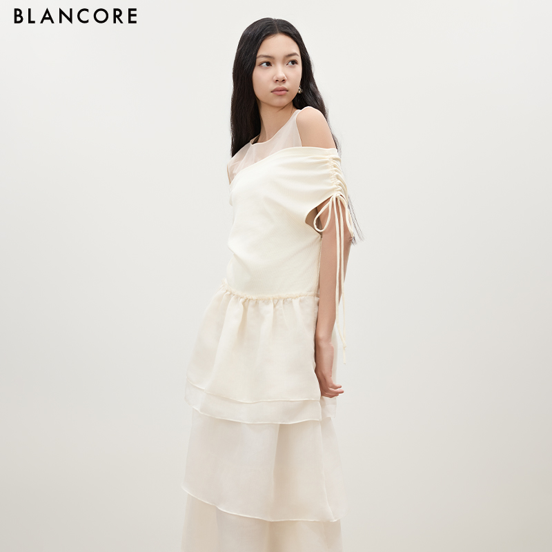 Drawstring Patchwork Organza Dress