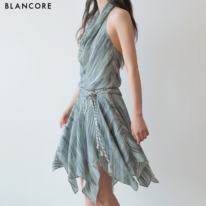 Striped Print Halter Cowl Neck Dress