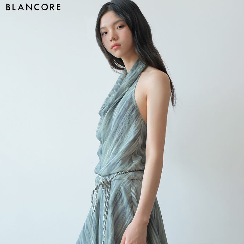 Striped Print Halter Cowl Neck Dress