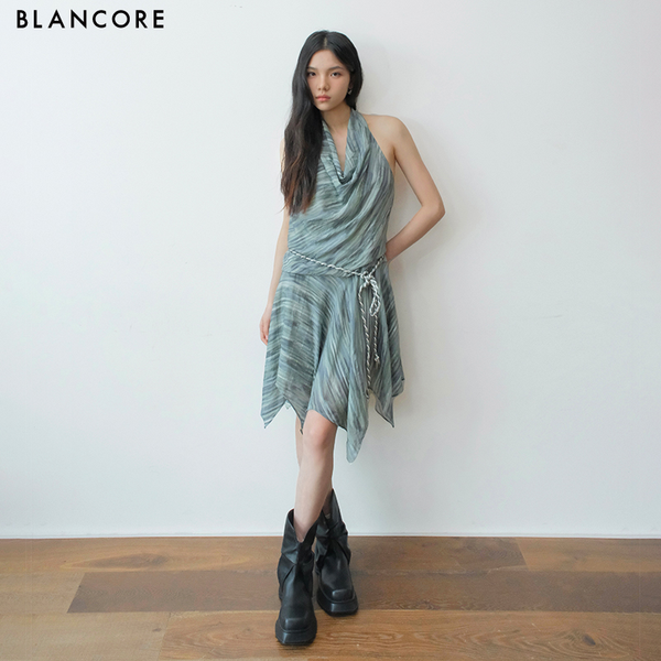 Striped Print Halter Cowl Neck Dress
