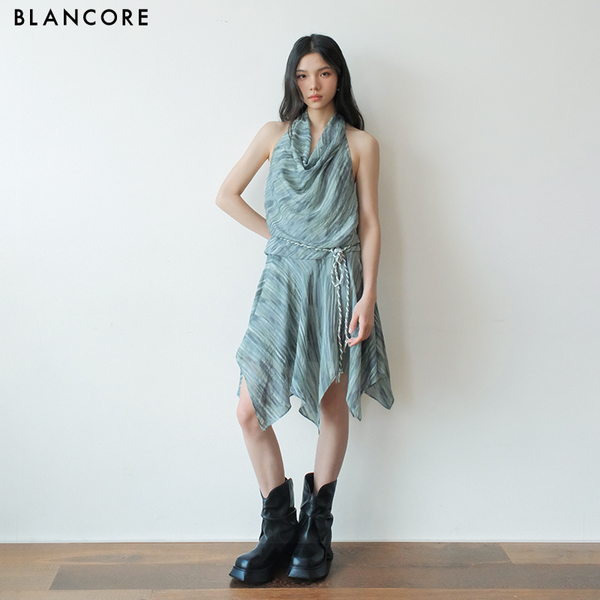 Striped Print Halter Cowl Neck Dress