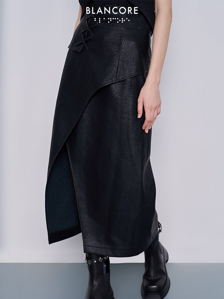 leather paneled midi skirt