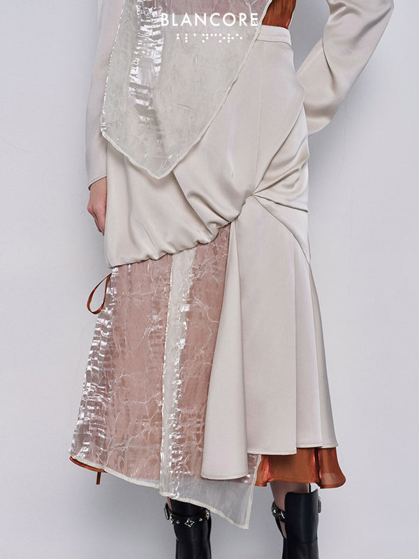 mesh paneled color block pleated skirt
